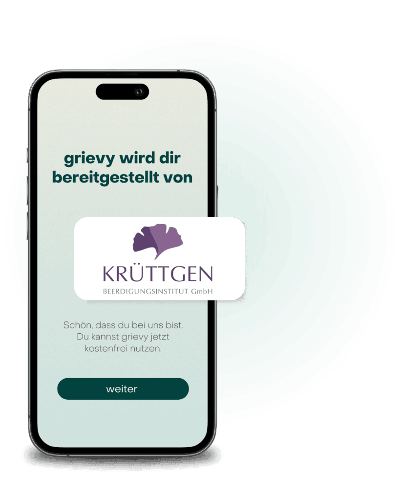 Bild von der grievy App mit dem Logo vom Beerdigungsinstitut Krüttgen in Aachen.